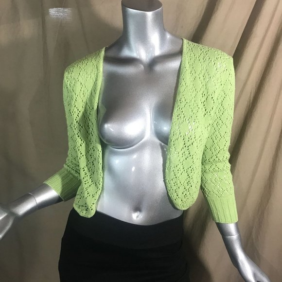 Vintage USA Notations Women's Medium Crop Neon Green Crochet Knit Open Front Car - Picture 13 of 14